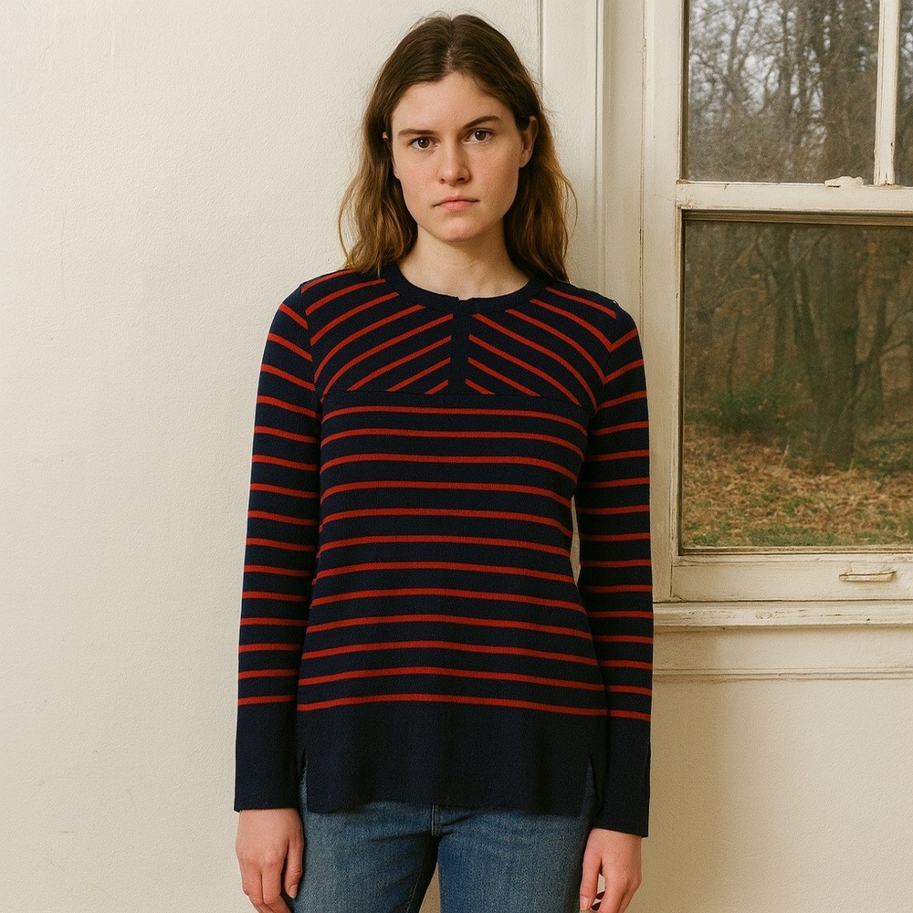 Tory Burch Striped Merino Wool Sweater‎ Womens Large Navy Red Long Sleeve Preppy